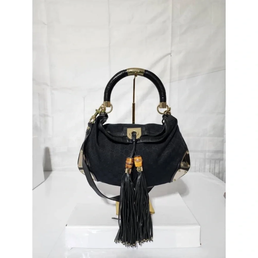 Authentic Gucci GG Canvas and Leather Medium Babouska Indy Hobo Bag Black